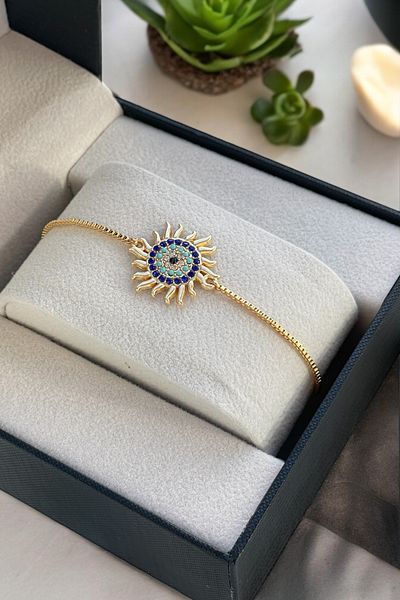 TAKIPORT Gold Color Women's Bracelet with Elevator and Zircon Stone Evil Eye Detail - Adjustable