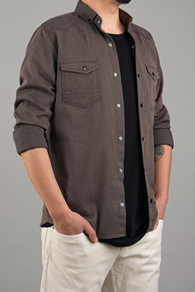 bombe Ανδρικό τζιν πουκάμισο Slim Fit Tight Fit Καφέ