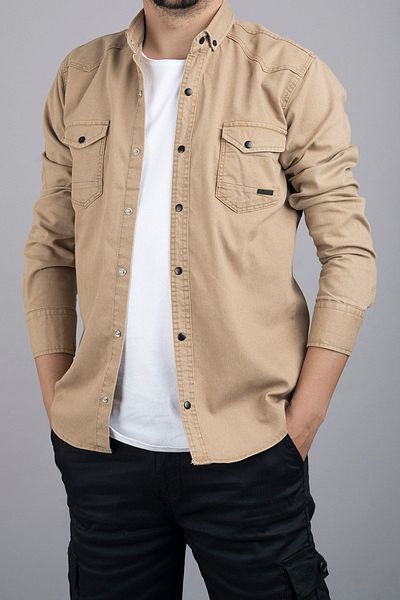 bombe Ανδρικό τζιν πουκάμισο Slim Fit Beige 037