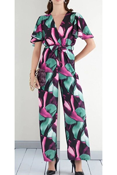akkanatbutik Green / Pink Angel Sleeve - Wide Leg Wrap Long Jumpsuit