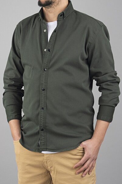 bombe Pocketless Slim Fit Men's Denim Shirt Khaki