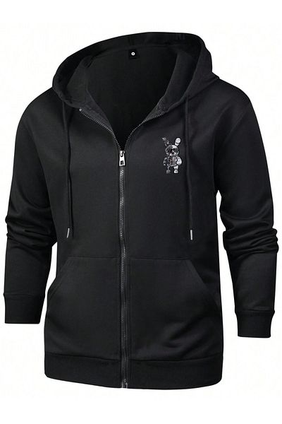 Hunors Sportswear & Company Ανδρική μαύρη ζακέτα με κουκούλα - Robotic Rabbit Print, με φερμουάρ