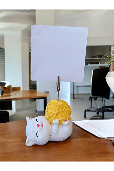 Perazayn Sarı Yumak Tutan Yatan Kawaii Kedi Temalı Not Tutacağı Fotoğraf Tutacak Tutucu Ofis Seti Hediyelik
