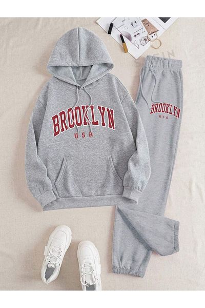 Hunors Sportswear & Company Σετ αθλητικής φόρμας Brooklyn Printed Grey Oversize Cotton - Hoodie και ελαστικά πόδια
