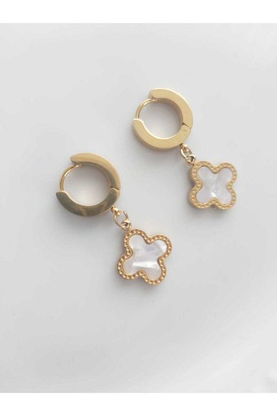 DEVİ fashion Yonca Model Steel Pearlescent White Earrings 3 cm