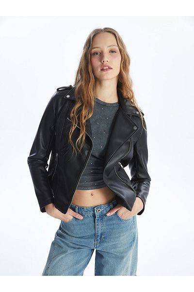 LC Waikiki Women's Biker Collar - Straight Leather Look Coat