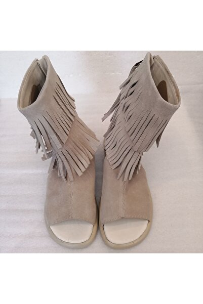 Butik Tülin Kadın hakiki deri süet kum püsküllü kızılderili tarzı bohem arka ...