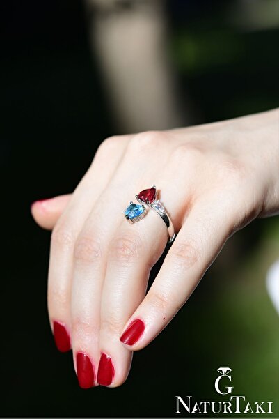 Naturtakı Kırmızı & Akua Mavi Kalp Taşlı Kadın Gümüş Yüzük Modeli Parmak Ölçü...