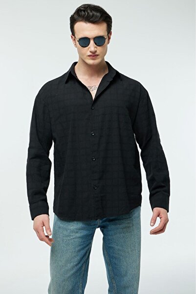 Quagga Erkek Oversize Kareli Keten Gömlek
