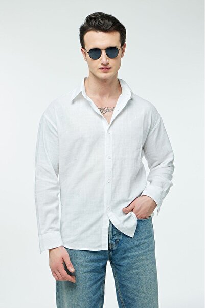 Quagga Erkek Oversize Kareli Keten Gömlek