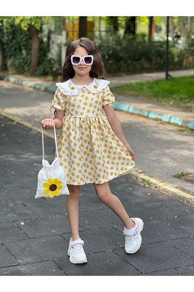Turkuaz Girl's Dress with Daisy Children's Dress with Bag Gift