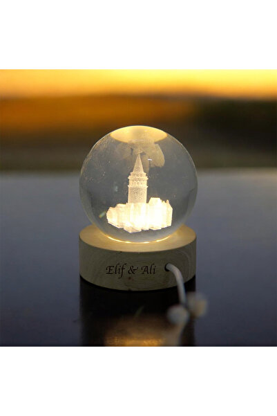 keyfim shop Kişiye Özel Işıklı Ahşap Galata Kulesi Kristal Cam Küre 6cm