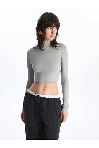 LC Waikiki LCW Vision Stand Collar Solid Long Sleeve Women's Crop