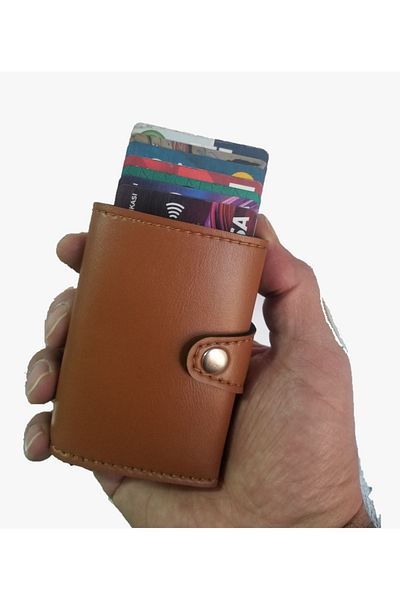 Emek Brown Contactless Wallet Card Holder with New Generation Mechanism to Prevent Withdrawal and Money Compartment