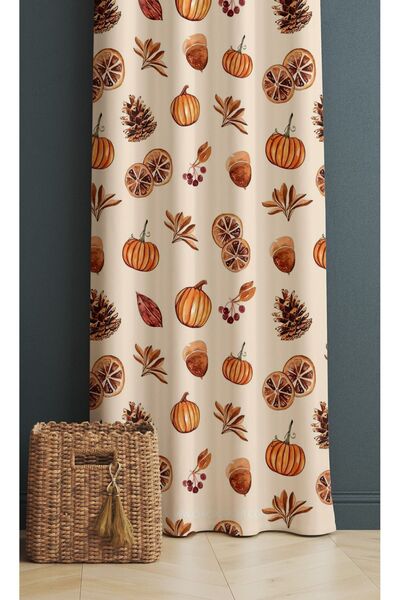 ALAMODECOR Krem Ve Turuncu Renk, Kış Meyveleri Desenli Mutfak Fon Perdesi Tek...