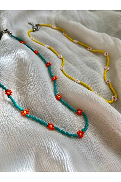 Chamis Sarı&turkuaz Boncuklu Papatya Kolye