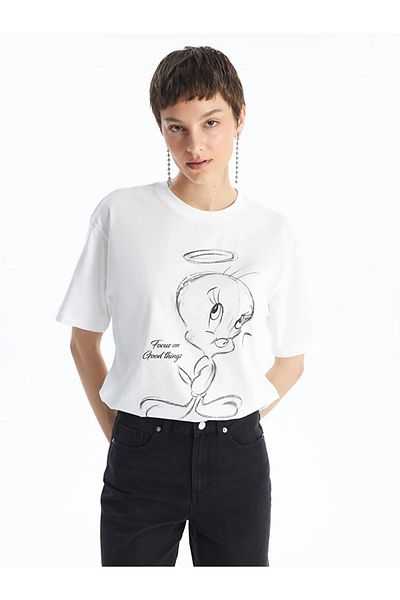 LC Waikiki Tricou supradimensionat pentru femei LCW Vision Tweety - Gât crew, mânecă scurtă
