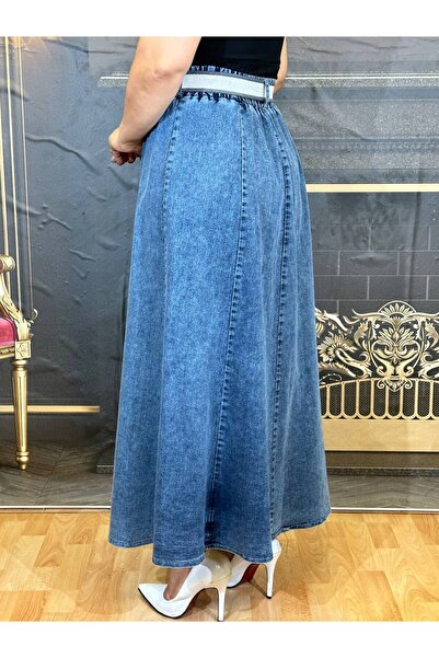 Yeşilmoda etek kot kumaş yüksek kalite Kemerli kloş beli lastikli mavi