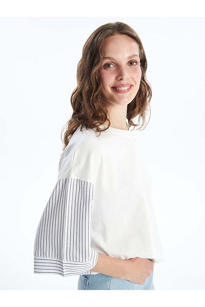 LC Waikiki LCW Oversize Damska Bluzka Crop - Okrągły Dekolt, Paski, Krótki Rękaw