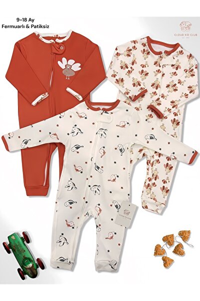 cloudkidclub Sevimli Kuş %100 Doğal Pamuk 3'lü Bebek Tulum  UNİSEX