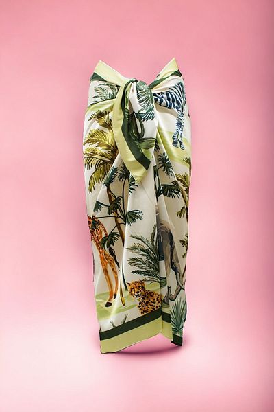 pistore New Season - Long Giraffe Tropical Panel Patterned Satin Women's Beach Dress