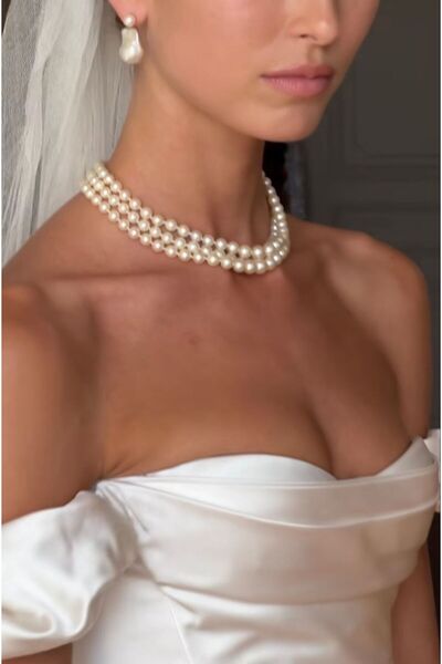 Jerberaa takı Çoklu (3LÜ) Inci Kolye ( Choker Inci ) Düğün Kolyesi