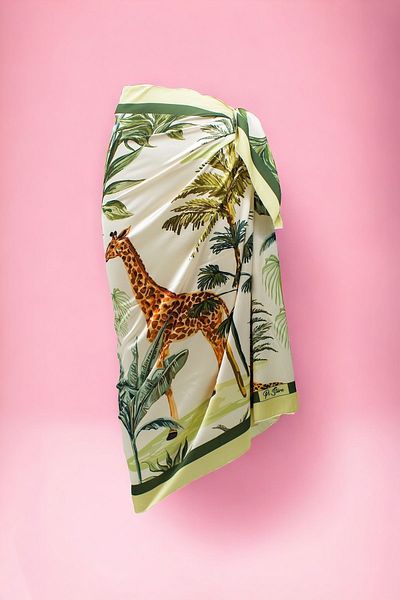 pistore New Season - Long Giraffe Tropical Panel Patterned Satin Women's Beach Dress