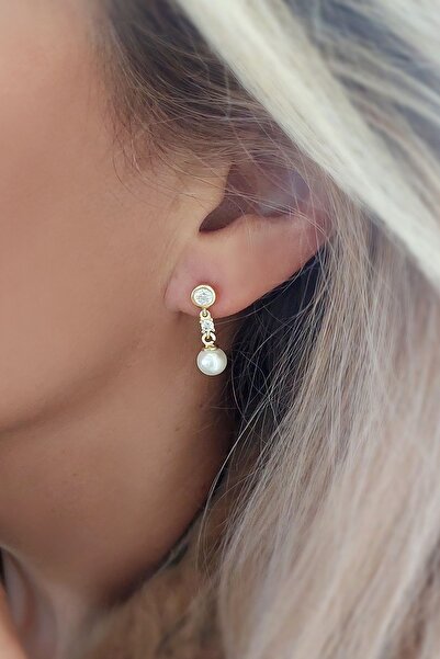 VAOOV 925 Ayar Gümüş Sallantılı Taşlı Gold İnci Küpe