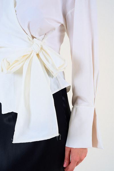 LOOSH Ecru Cotton Double Breasted Collar Tie Detailed Women's Blouse Shirt