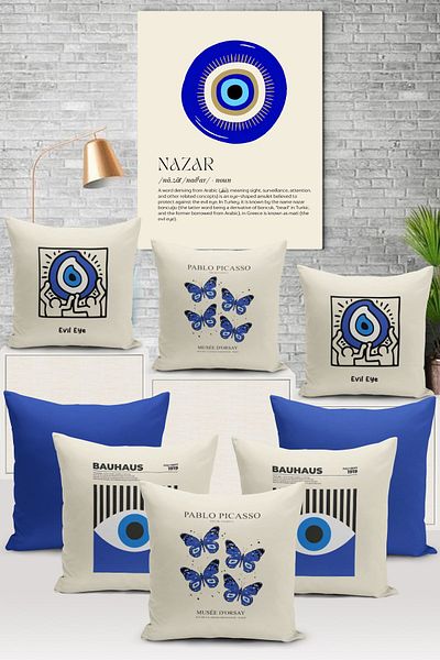 Bertille Home Σετ 8 κάλυμμα μαξιλαριού με ψηφιακή εκτύπωση σειράς Evil Eye - Σετ κάλυμμα μαξιλαριού διπλής όψης Evil Eye