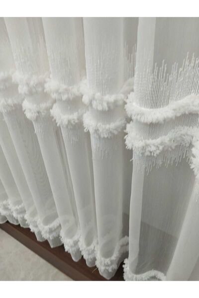 CEMRE PERDE Püsküllü Etek Işlemeli Keten Tül Ekru 1/3 Sık Pile (KIRIŞMAZ)