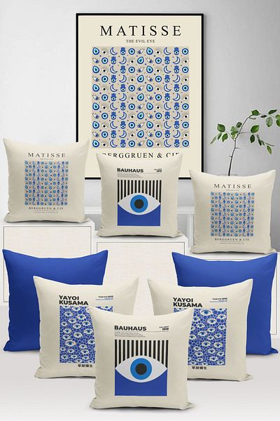 Bertille Home Σετ 8 κάλυμμα μαξιλαριού με ψηφιακή εκτύπωση σειράς Evil Eye - Σετ κάλυμμα μαξιλαριού διπλής όψης Evil Eye