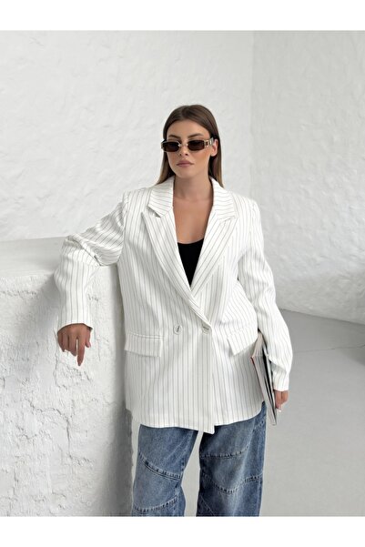 Elif Özbey Butik Oversize White Striped Blazer Jacket