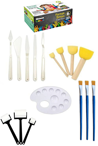 TİFOYS 6' Lı Set Parmak Boya, Ponpon, Palet, Resim Fırça, Rulo Sünger, Plastik Spatula ,Boyama Etkinlik Set