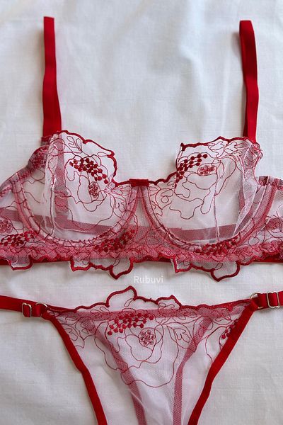 Rubuvi Red Women's Brode Underwire Ruched Bralet Dowry Sexy Fancy Underwear Bra Panties Laundry Set