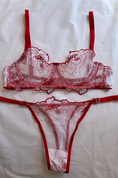 Rubuvi Red Women's Brode Underwire Ruched Bralet Dowry Sexy Fancy Underwear Bra Panties Laundry Set