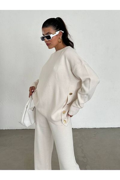lovebox Crew Neck and Button Detailed Knitwear Sweater and Wide Leg Trousers - 104