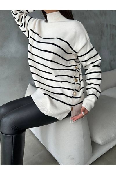 lovebox Knitwear Women's Sweater - Striped Pattern, Half Turtleneck, Metal Button Detail 105