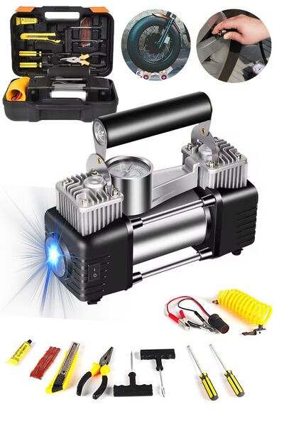 Millian Çift Pistonlu 12 V 150 Psi Araç Araba Lastik Tekerlek Bot Şişirme Kompresörü Tamir Kiti Hediye