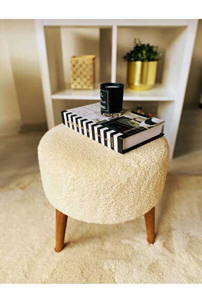 BEYLERBEYİ Coco Puf, Peluş,3 Ayak, krem,oturma Odası, Makyaj Masası Pufu