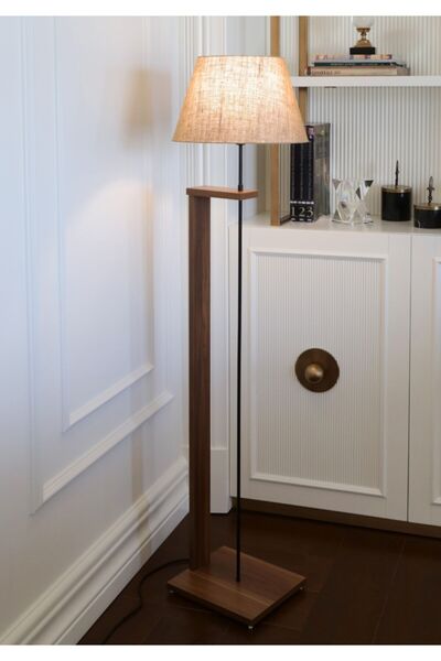 HOMİNG Pi Ahşap Gövdeli Jüt Kumaş Başlıklı Lambader Ayd-3128