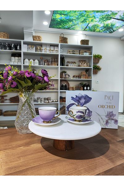 Paçi Turkish Coffee Cup Set Orchide Flowered Star 6 Person 12 Pieces