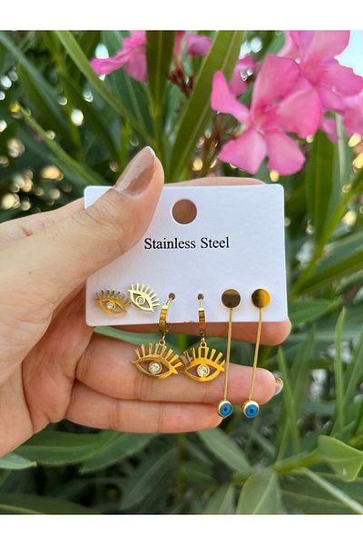 PONÇİK ACCESSORİES Figured Steel Eye and Evil Eye Bead Set - Earrings