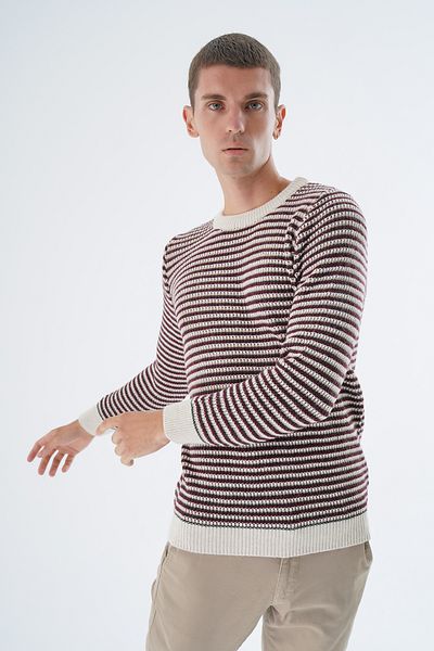 Trist Star Beige Crew Neck Striped Men's Sweater - 4 Colors, Brass Thessaloniki Nopen