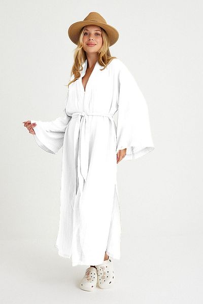 Miespiga White Maxi Women's Kimono Caftan - 100% Cotton, Belted Waist Design