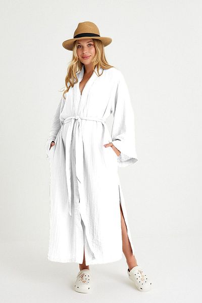 Miespiga White Maxi Women's Kimono Caftan - 100% Cotton, Belted Waist Design