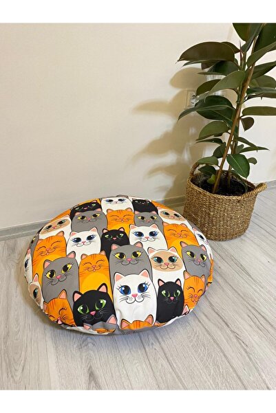 Müber Yuvarlak Kedi Baskılı Minder Yatak