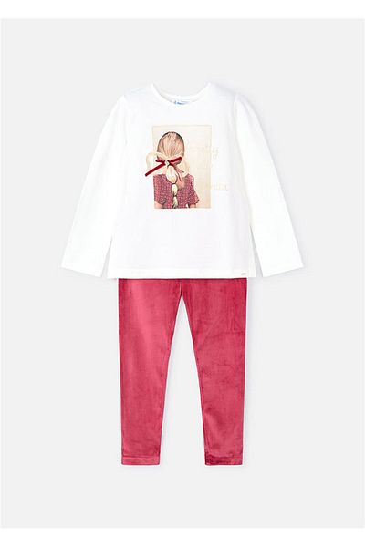 MAYORAL White-Red Velvet Blouse and Leggings Set for Girls - 4705