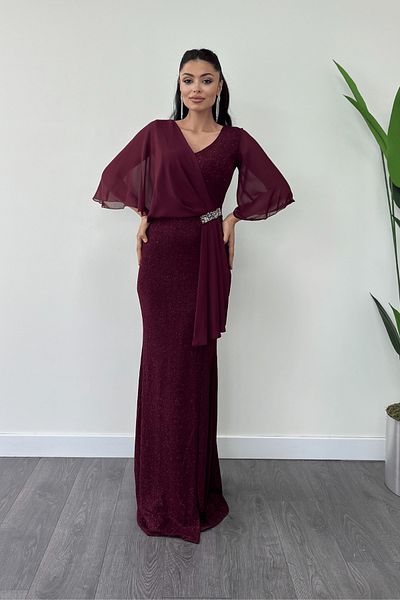 giyimmasalı Glitter Fabric Chiffon Shawl Detailed Evening Dress - Claret Red
