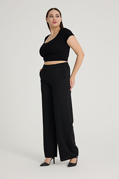 Gül Moda Yüksek Bel Kadın Likralı Bol Paça Beli Lastikli Penye Pantolon Cepli G111-2